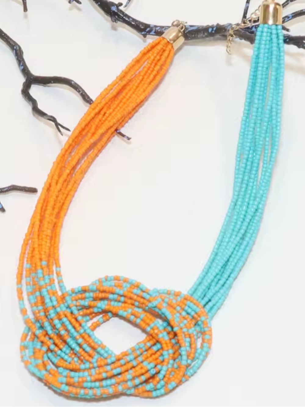 Turquoise Orange Beaded Knot Statement Necklace Boho Chic - Picture 5 of 6